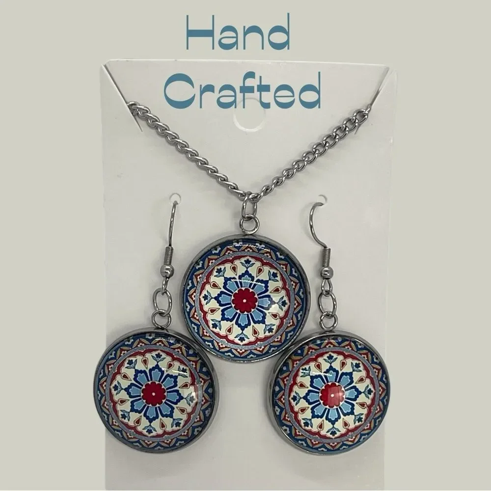 Hand Crafted Red Blue White Mandala Boho Chic Festival Necklace Earrings Set NWT